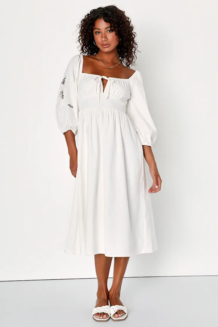 Sunny Enchantment Ivory Embroidered Balloon Sleeve Midi Dress | Lulus (US)