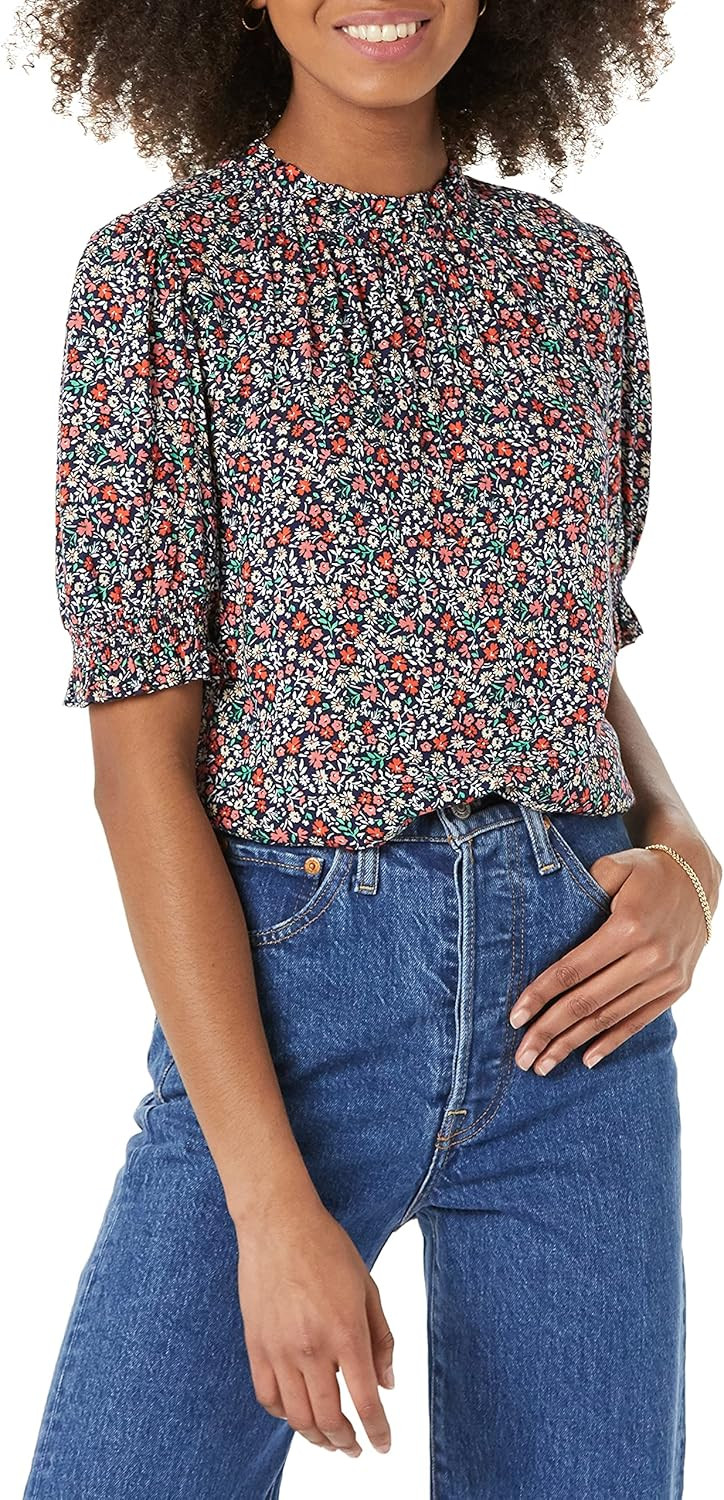 Amazon Essentials Women's Fluid Twill Short Puff Sleeve Smock Detail Shirt | Amazon (US)