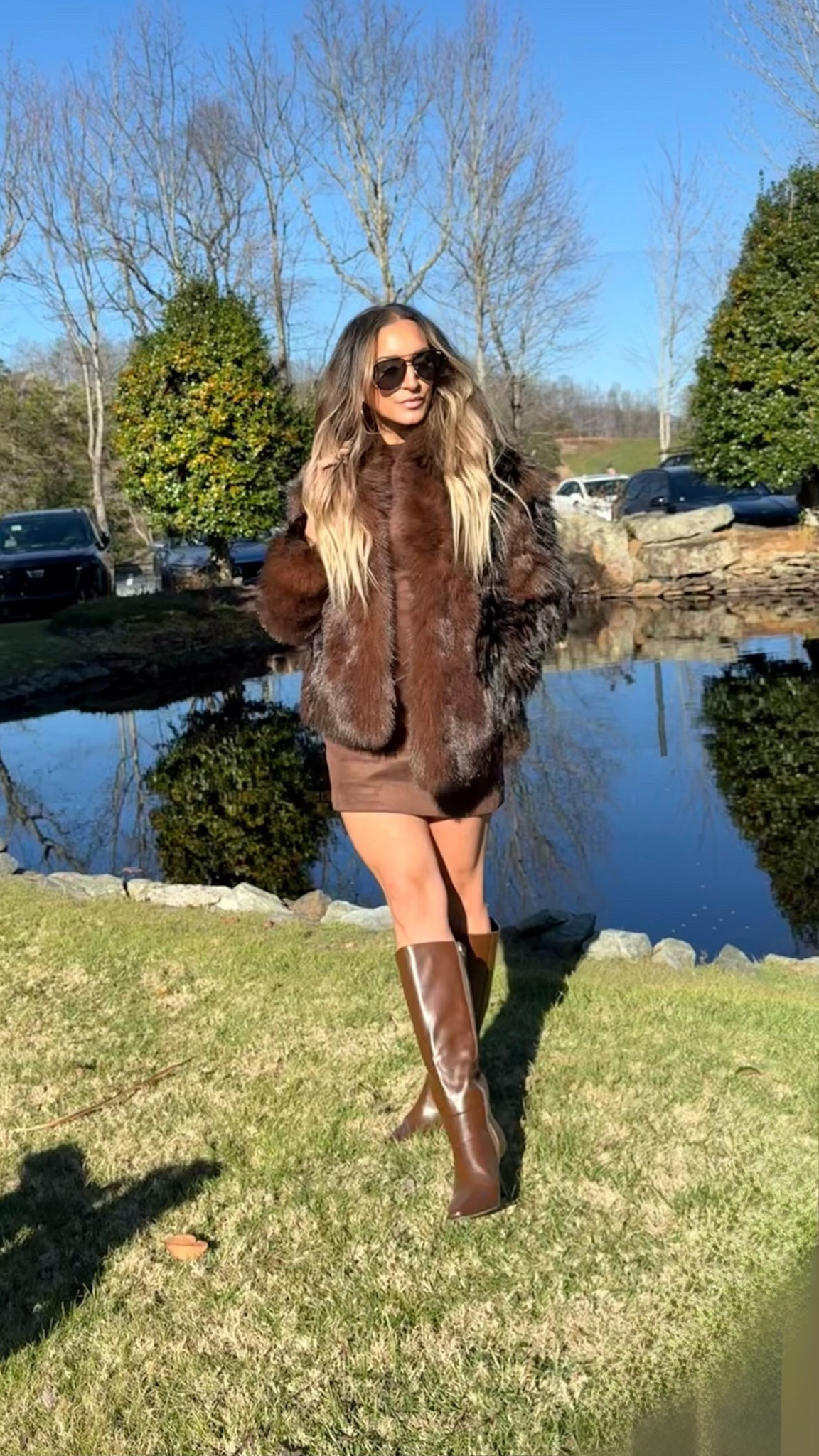 Brown boots. Stiletto boots. Knee high boots. Faux fur jacket. Brown fur jacket. Faux fur coat. Oversized fur coat. Aviators. Sunglasses. Oversized sunglasses. Suede dress. Suede miniskirt. Brown dress. Brown minidress. Brown miniskirt. 

#LTKSeasonal #LTKCyberWeek #LTKOver40