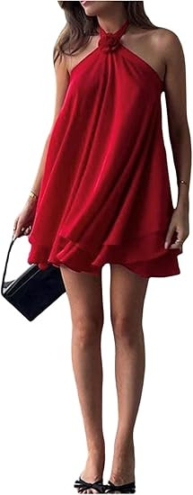 Floerns Women's Chiffon Halter Dress Layered Ruffle Sleeveless Backless Mini Loose Dresses | Amazon (US)