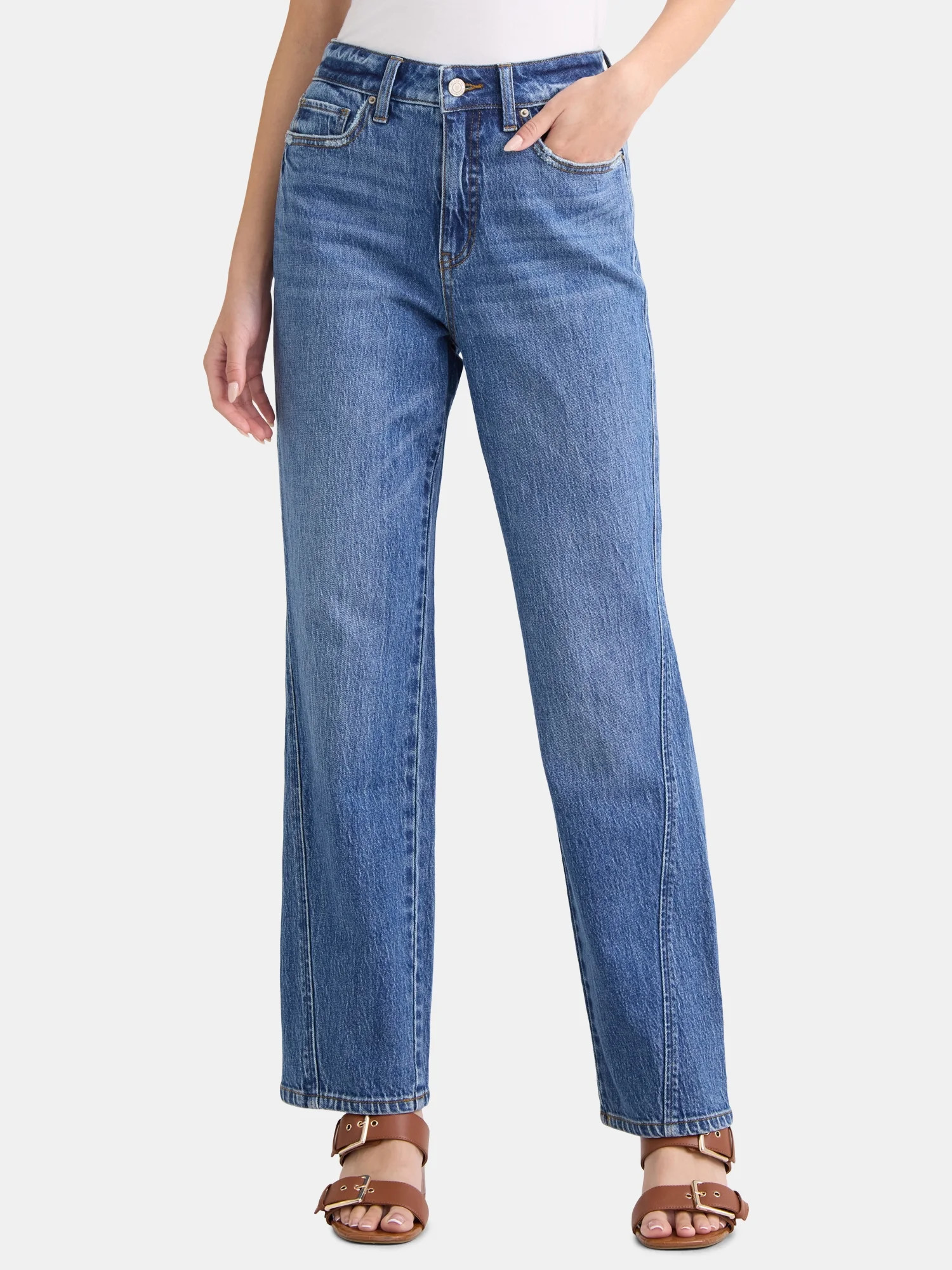 Time and Tru Women's High Rise Relaxed Straight Leg Jeans, 30" Inseam, Sizes 0-22 | Walmart (US)