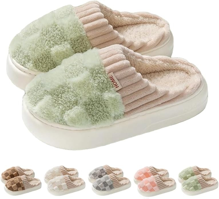 Checkered Slipper House Slippers for Women Men Plush Warm Fuzzy Slippers Flyffy Bedroom Shoes Ind... | Amazon (US)