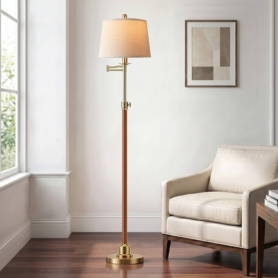 Vintage Floor Lamp for living room, Walnut Gold Farmhouse Standing Lamp with 350\u00b0 Swivel Swi... | Amazon (US)