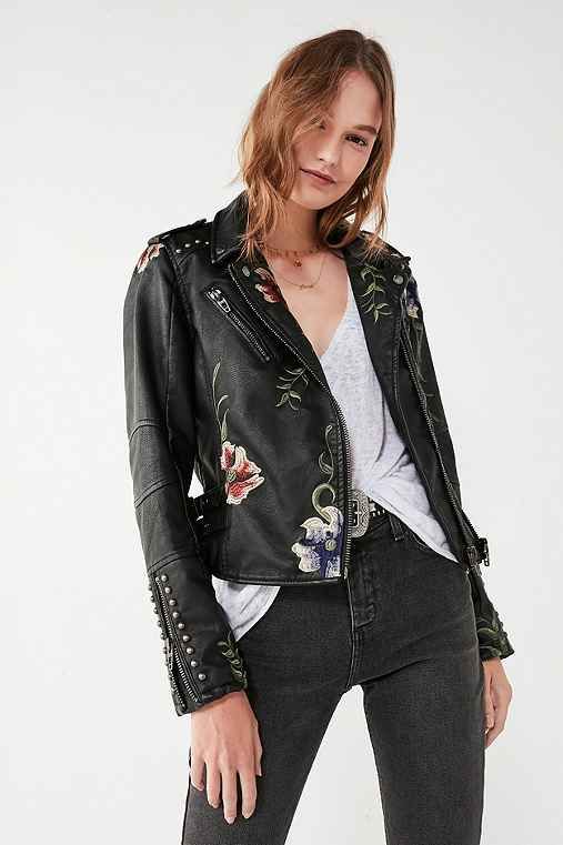 BLANKNYC As You Wish Floral Embroidered Moto Jacket,BLACK,XS | Urban Outfitters US