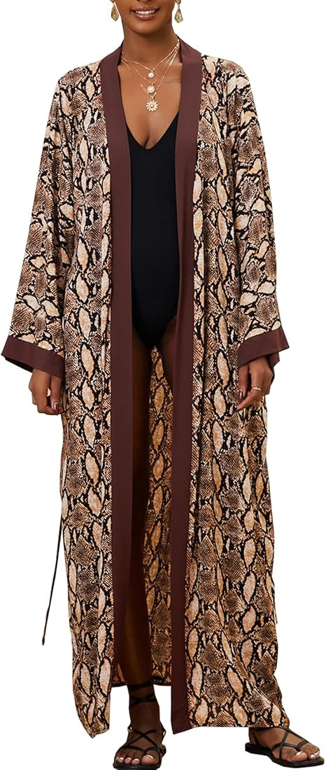 Chunoy Women Casual Long Open Front Kimono Cover Up with Belt Loose Lightweight Cardigan | Amazon (US)