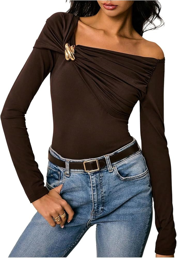Floerns Women's Asymmetrical Neck Ruched Dressy Casual Tops Long Sleeve T Shirts | Amazon (US)