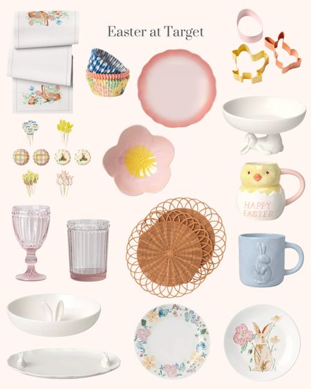 Easter table and baking at Target. Bunny table runner. Cupcake liners. Cupcake decorating kit. Easter cookie cutters. Bunny pedestal bowl. Pink scalloped plates. Pink flower bowl. Happy Easter chick mug. Blue bunny mug. Placemats. Pink beverage glass. Pink wine glass. Bunny ear serving bowl. White bunny platter. Flower plates. Bunny plates  

#LTKhome #LTKfindsunder50