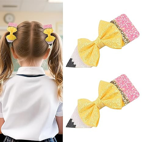 Back to School Pencil Bows Hair Clips, First Day of School Hair Clip, Glitter Sparkly Yellow Hair... | Amazon (US)