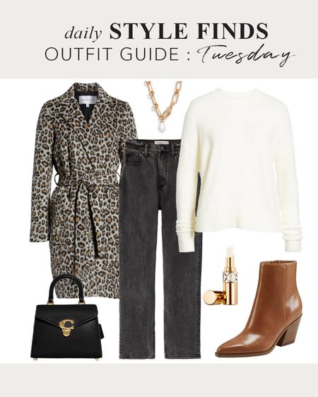 Fall Outfit Guide: Styling a leopard jacket with black jeans and white crewneck sweater and cognac boots.  Gold chain pearl necklace. Comfy Fall Style #FallStyle #FallOutfit #FallOutfitGuide #OutfitofWeek #Over40Style #ComfyOutfit 

#LTKstyletip #LTKover40 #LTKworkwear