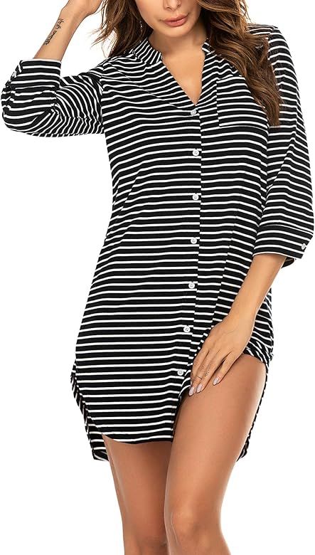 Ekouaer Women's Nightgown Striped Sleepwear 3/4 Sleeves Nightshirts Soft Button Sleep Dress | Amazon (US)