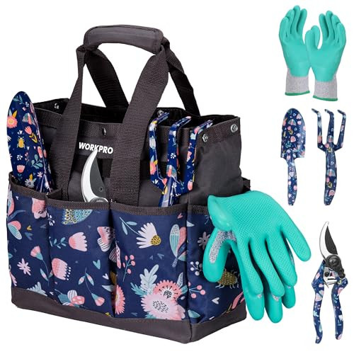 WORKPRO 5PCS Garden Tool Set, Aluminum Heavy Duty Gardening Tool Set with Garden Tool Bag, Outdoor Garden Hand Tools, Blue Insect and Flower | Amazon (US)