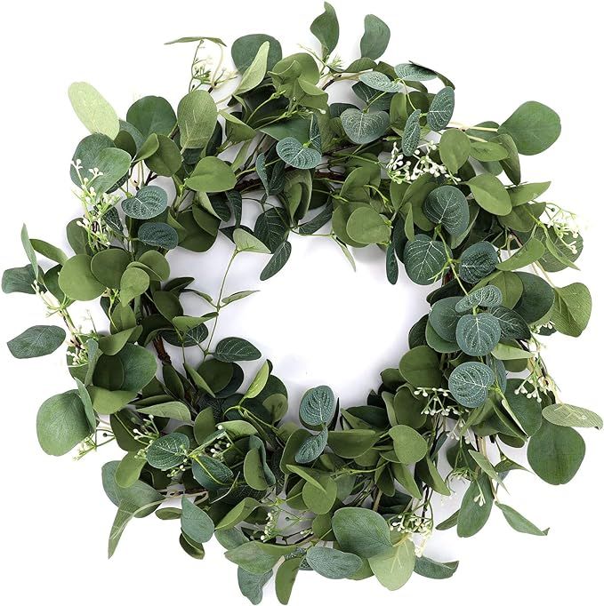 20 Inch Green Eucalyptus Wreath Artificial Hanging Greenery Wreath Ornament for Front Door Year R... | Amazon (US)