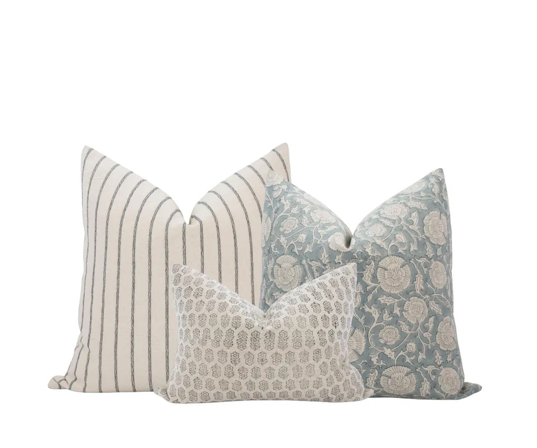 Neutral Blue Pillow Cover Set Light Blue Pillow Set Block Print Pillow Pillow Farmhouse Pillow Se... | Etsy (US)