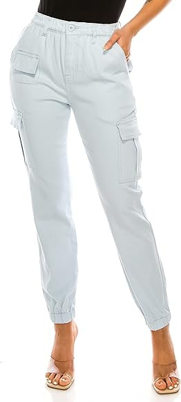 Double Denim Women's High Waist Jogger Pants - Casual Cargo Elastic Waistband Sweatpants Tapered ... | Amazon (US)