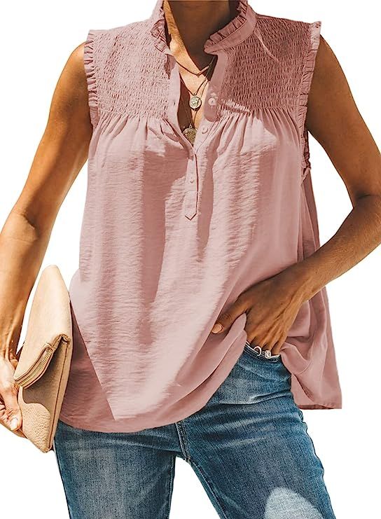 Diukia Women's Summer Cute Ruffle Tank Tops Flowy Chiffon Lined Sleeveless Shirts Blouses | Amazon (US)