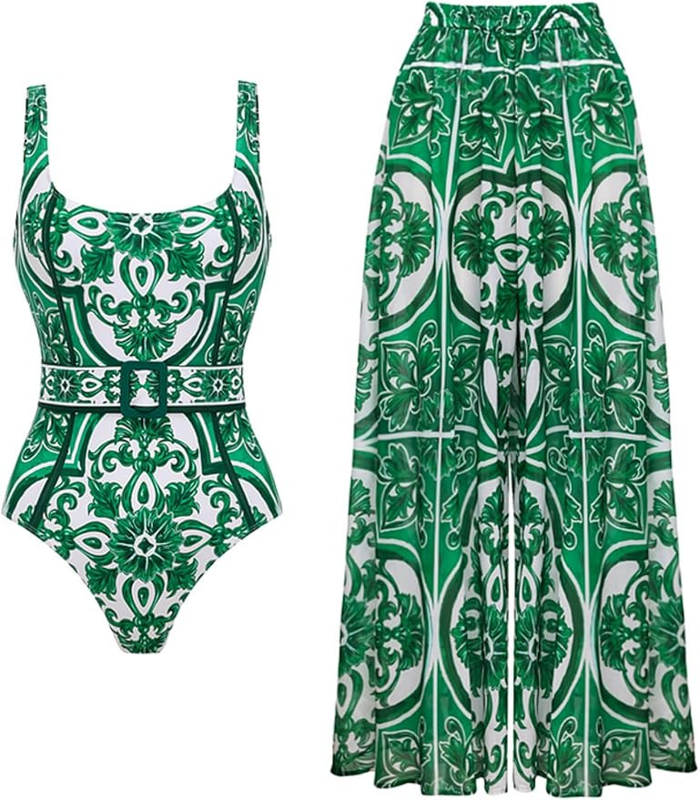FLAXMAKER Classic Majolica Pattern Print Adjustable Shoulder Straps One Piece Swimsuit and Pants ... | Amazon (US)