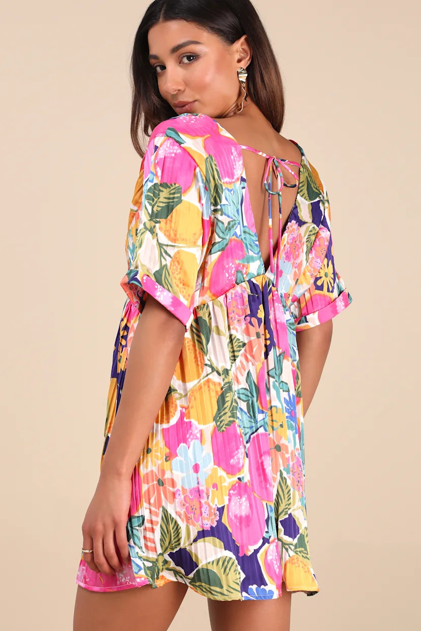 Express Yourself Pink Multi Floral Print Satin Babydoll Dress | Lulus