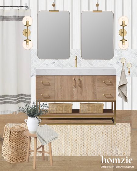 Bathroom design inspiration! Love the gold light fixtures and hardware on the vanity  

#LTKFind #LTKhome #LTKSeasonal