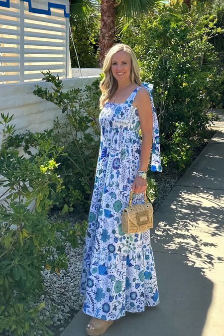 Gorgeous maxi dress, blue and white with shades of green from Sheridan French 
It’s true to size I’m wearing XS 
Beach vacation dress 
Paired with Pamela Munson raffia, mini Avis bag 

#LTKSeasonal #LTKtravel #LTKFind