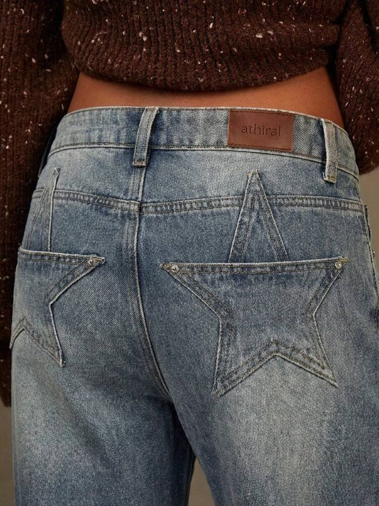 Ath\u00eeral Denim Women's Star Pattern Washed Pocket Button Zipper Jeans | SHEIN