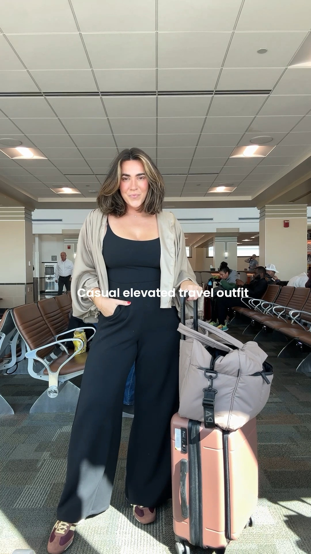 Casual and elevated travel outfit, so comfortable and the jacket is barely anything - it’s so light so I can still wear it in hot weather! My tank is sporty and has a built in bra. The pants are dreamy with pockets and you can use code NINAXSPANX for 15% off. Everything I’m wearing is size L. 

Travel, lounge, airport, mom style, midsize, lounge, fall outfit. LTKCon travel outfit! 

#LTKCon #LTKSaleAlert #LTKMidsize