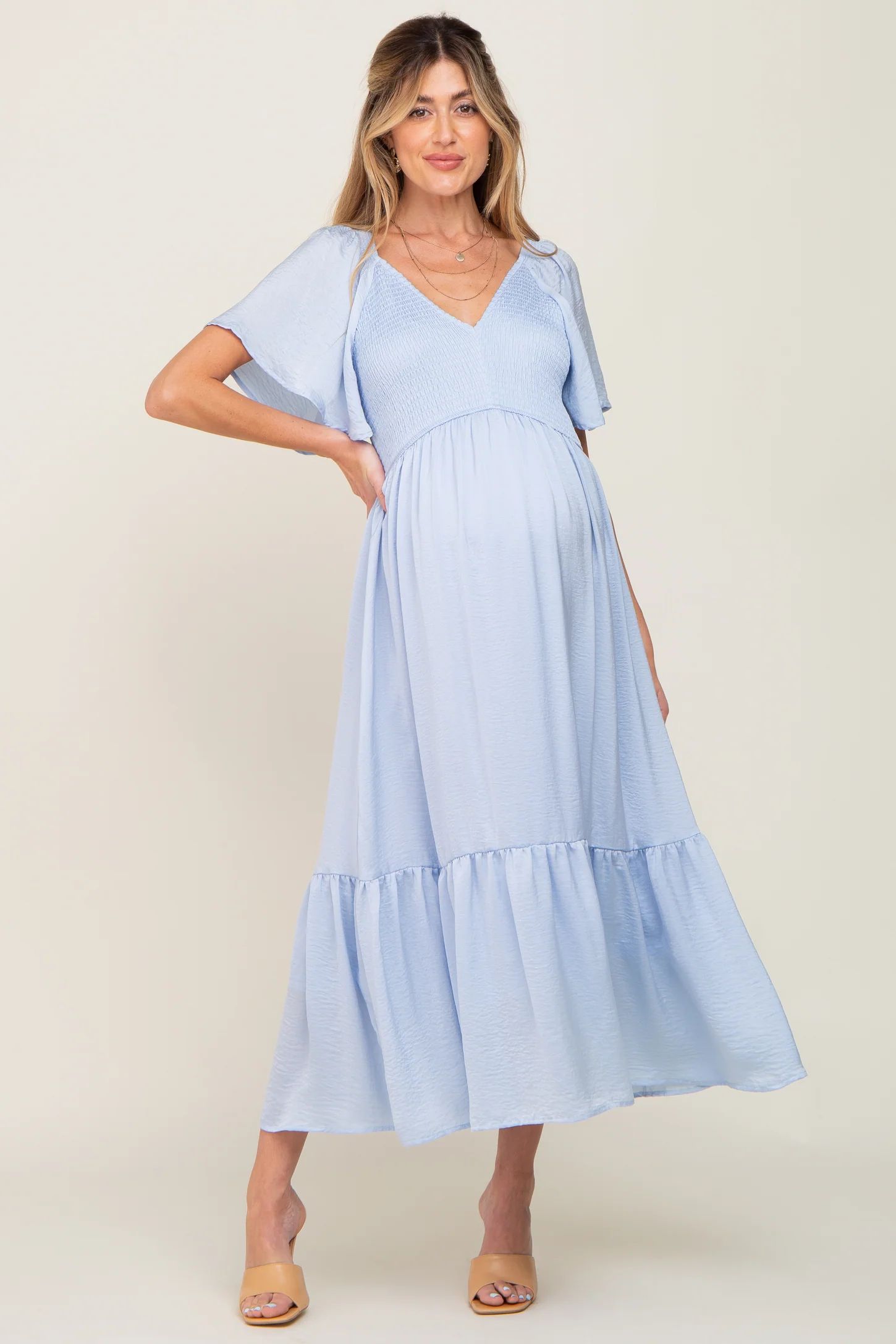 Light Blue Satin Smocked Maternity Midi Dress | PinkBlush Maternity