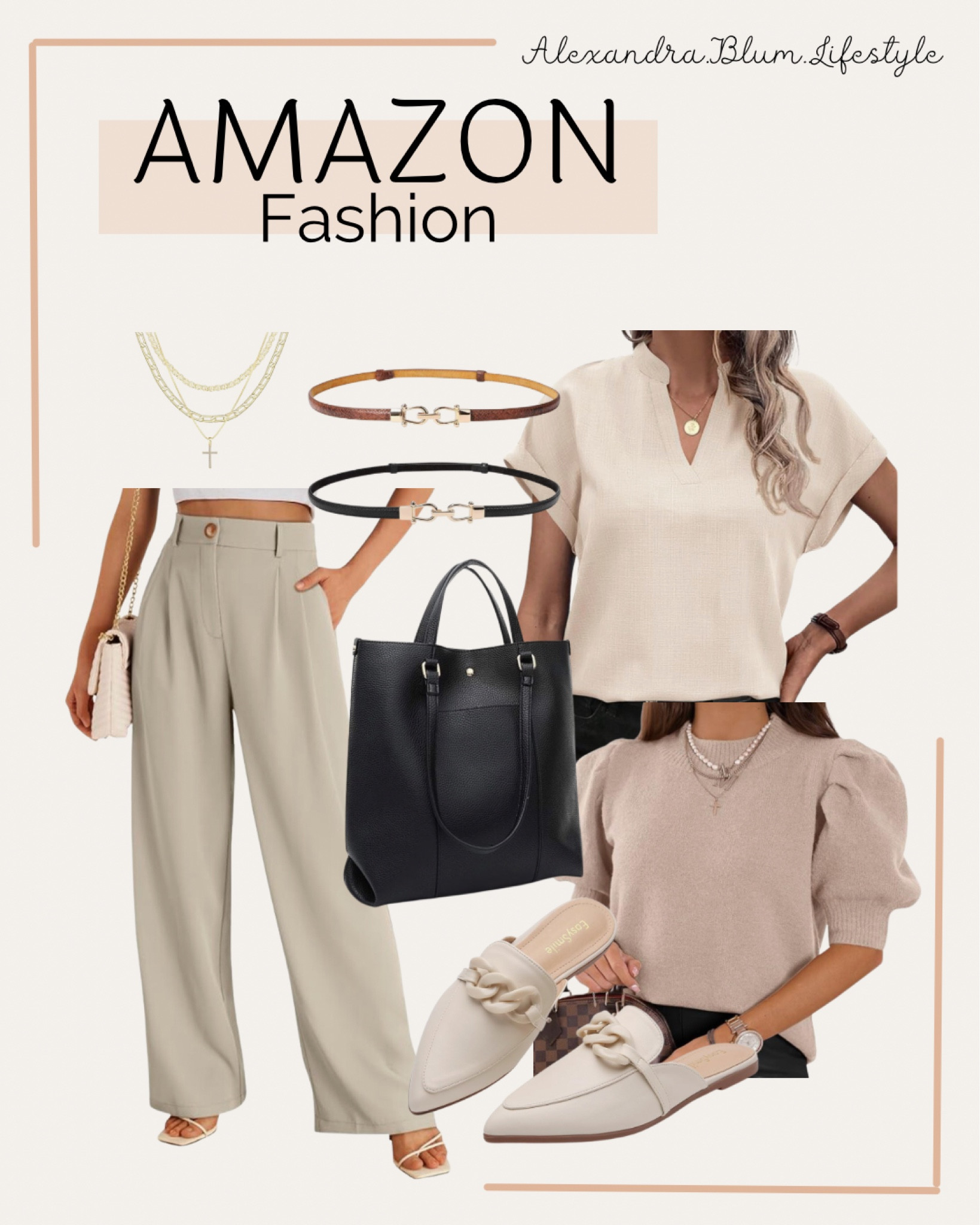 Amazon work outfit ideas! Business casual attire! Beige dress pants, work tops and blouses, work belts, mule work shoes, and black tote bag!! Cross layered gold necklace. Amazon fashion! Amazon trends!

#LTKmidsize #LTKSeasonal #LTKover40
