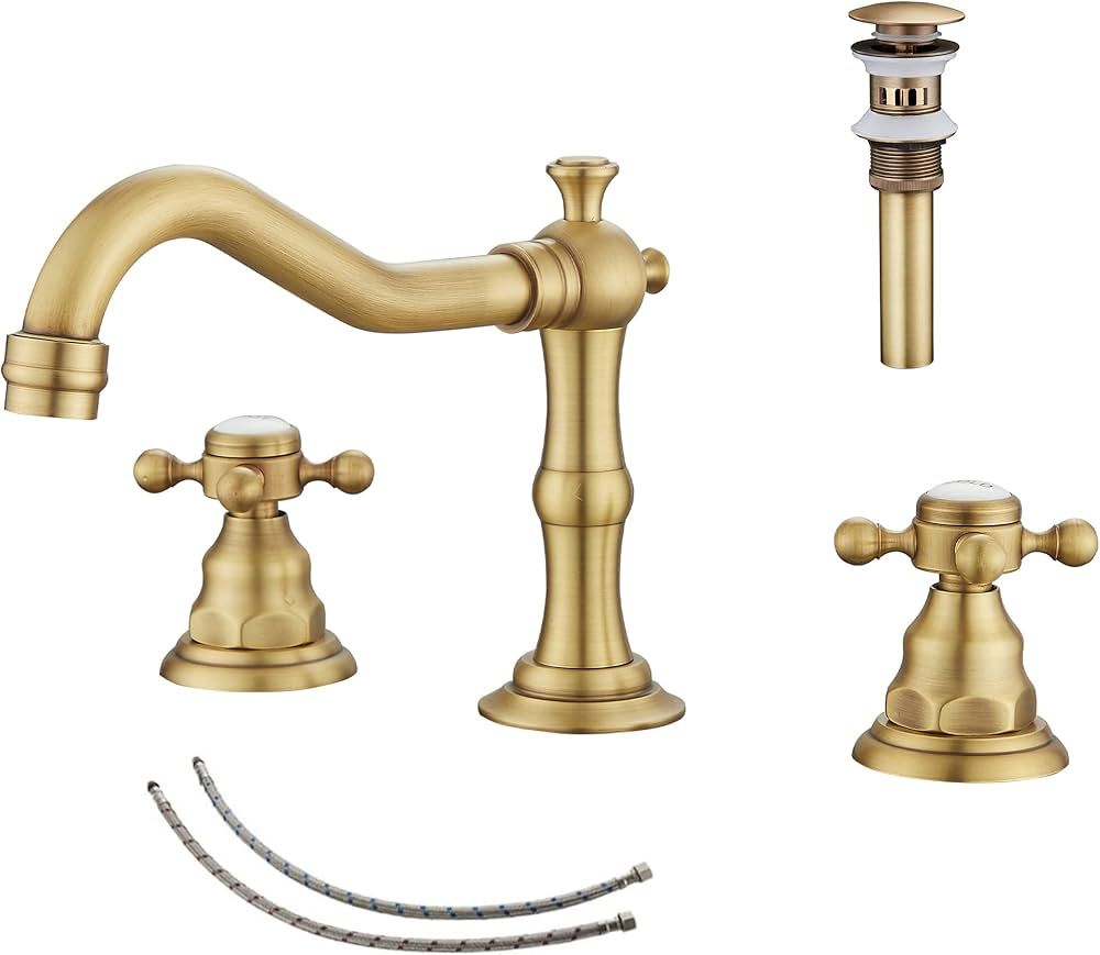 GGStudy 2 Handles 3 Holes Faucet Widespread Bathroom Sink Faucet Antique Brass Basin Tap Mixer Su... | Amazon (US)