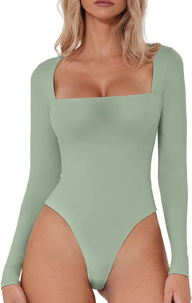 Women's Sexy Square Neck Bodysuit Long Sleeve Double Lined Shirt Tops | Amazon (US)