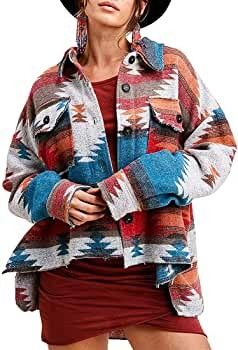 AMEBELLE Womens Aztec Print Shacket Vintage Fringed Wool Blend Shirt Jacket Coat | Amazon (US)