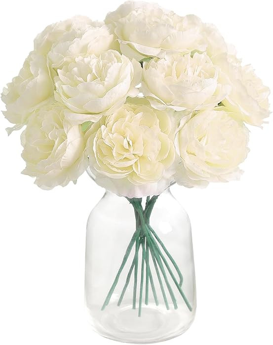 12 PCS Artificial Silk Ivory Peony Flowers with Stems - 8 Inch Fake Peony Bouquet for Wedding, Ho... | Amazon (US)