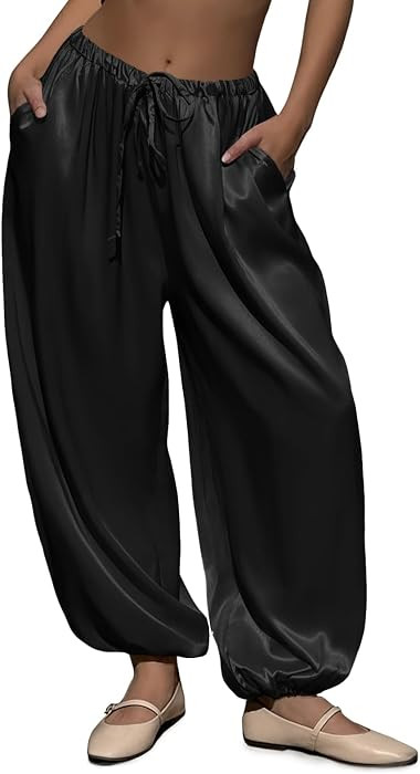 Fisoew Women\u2019s Satin Harem Pants Casual Baggy Barrel Leg Elastic Waist Drawstring Loose Work... | Amazon (US)