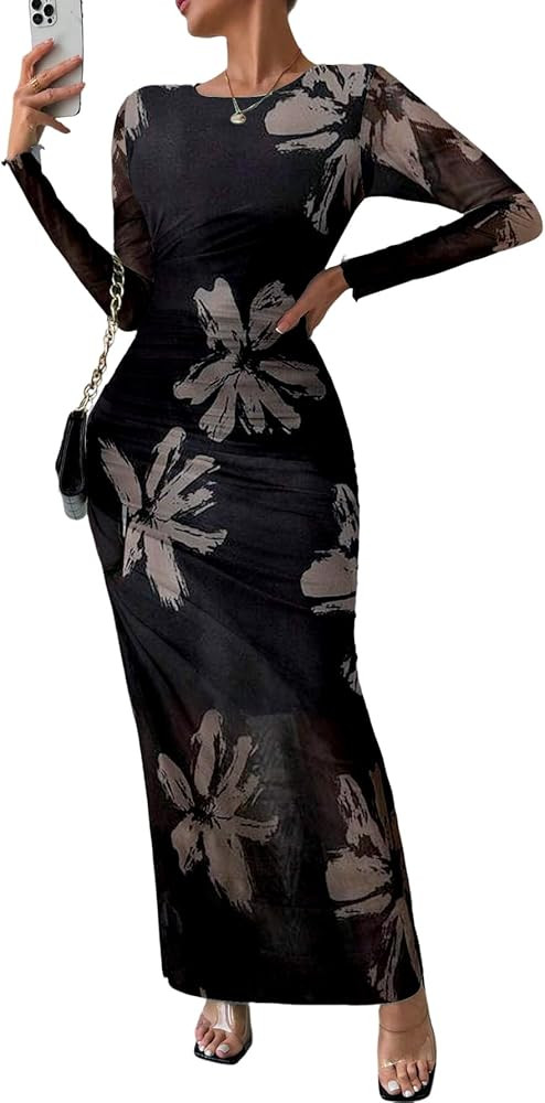 MARZXIN Womens Long Sleeve Maxi Dress Bodycon Ruched Natural Slim Fit Tie Dye Dress Cocktail Dres... | Amazon (US)