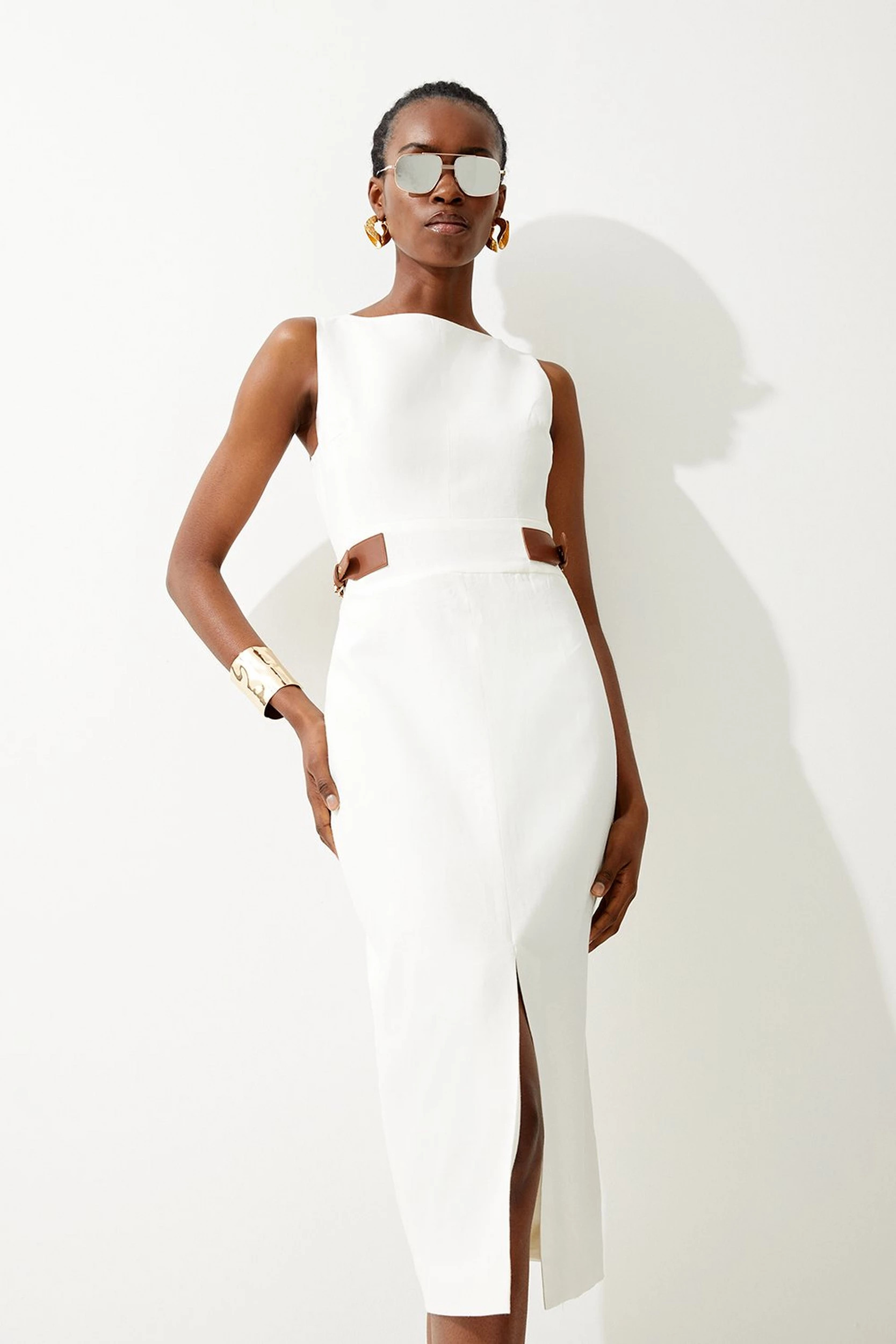 Linen Buckle Detail Split Front Midi Dress | Karen Millen UK + IE + DE + NL