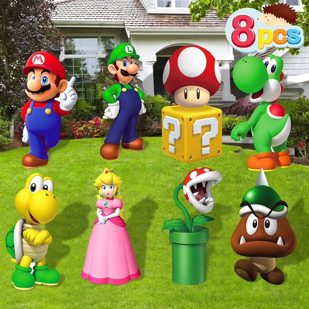 8 Pcs Mario Birthday Party Supplies Mario Birthday Yard Sign with Stakes, Mario Party Decorations, P | Amazon (US)