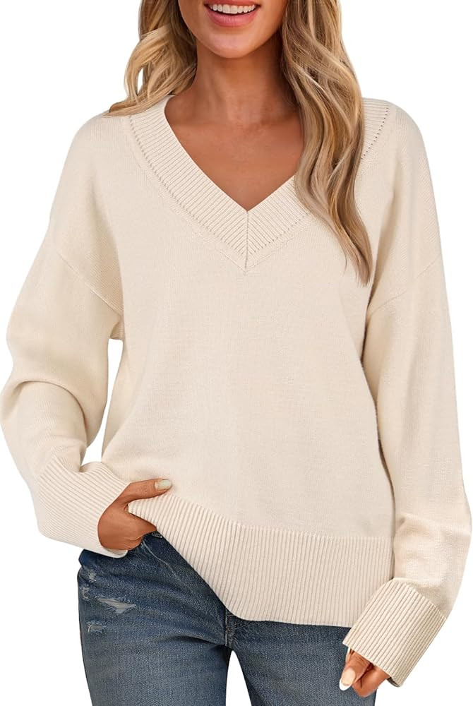 MEROKEETY Women's Long Sleeve V Neck Loose Sweaters 2024 Fall Trendy Knit Pullover Jumper Tops | Amazon (US)