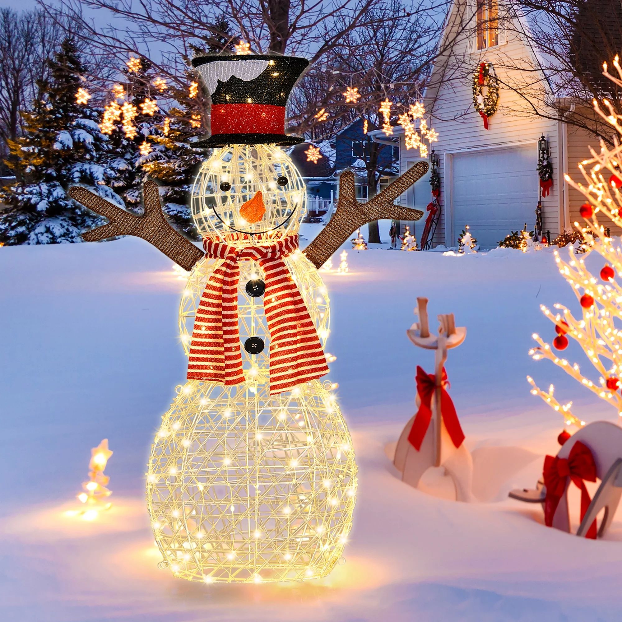 Costway Pre-Lit Standing Snowman Artificial Christmas Decoration with 80 LED Lights - Walmart.com | Walmart (US)