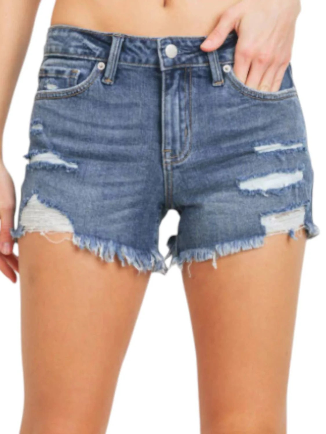 Mid Rise Distressed Short In Medium Wash | Shop Simon