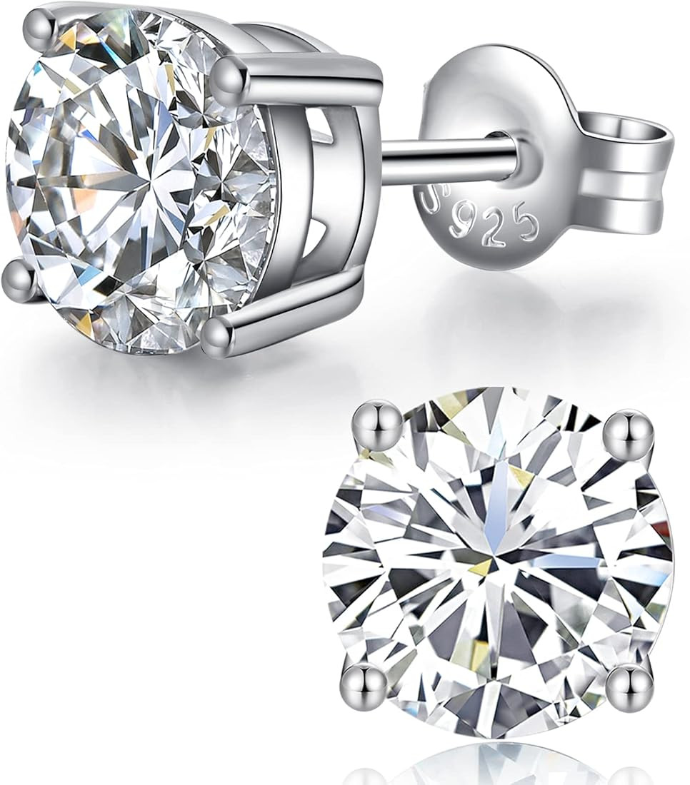 18K White Gold Plated CZ Cubic Zirconia Simulated Diamond Sparkly Round Stud Earrings 925 Sterlin... | Amazon (US)