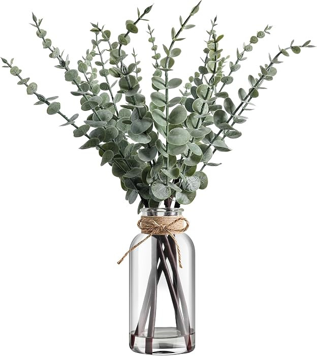Artificial Eucalyptus Stems in Glass Vase with Hemp Rope and Faux Water 17.5inches Table Decorati... | Amazon (US)