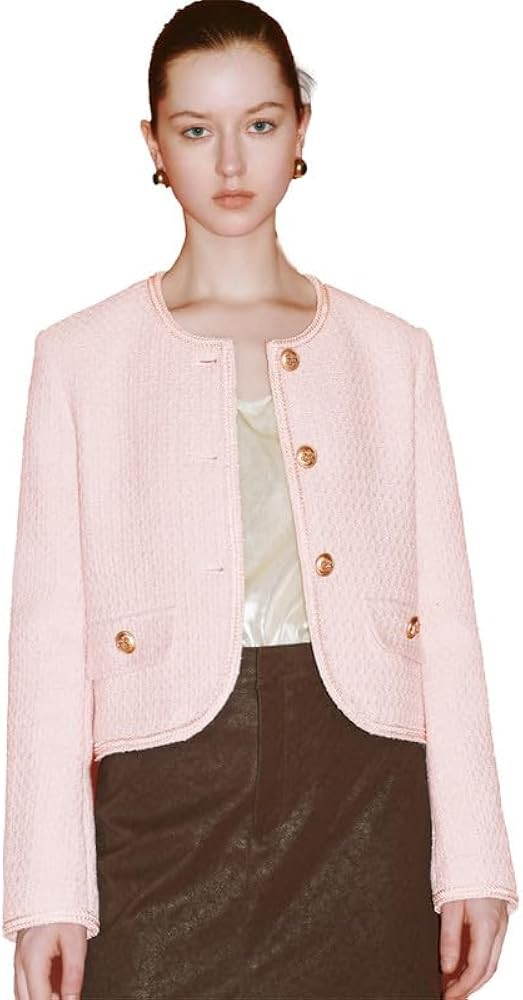 Women's Cropped Crew Neck Casual Tweed Blazer Elegant Slim Work Office Long Sleeve Jacket with Fa... | Amazon (US)