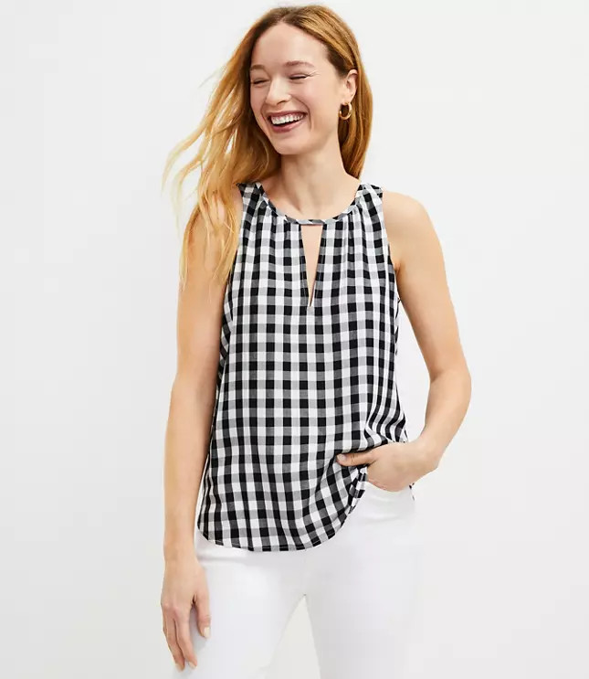 Gingham Tie Back Keyhole Shell | LOFT