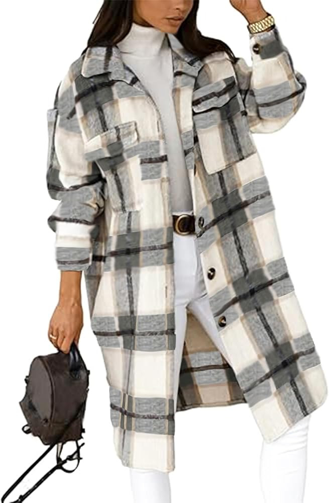 PUWEI Women's Long Flannel Plaid Jacket Shacket Cozy Lapel Button Down Shirt Jacket Fuzzy Trench ... | Amazon (US)