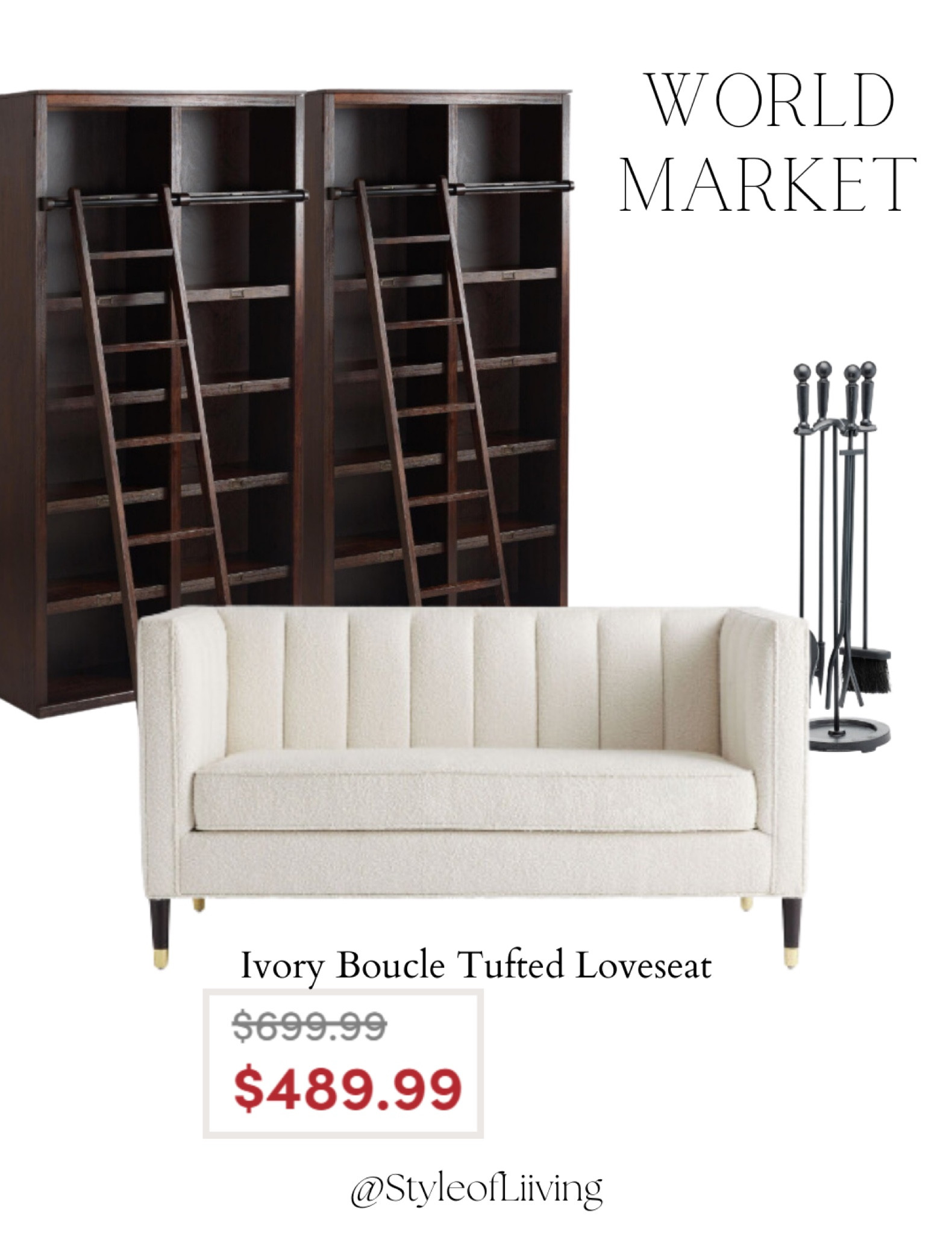 World Market home office design inspiration! Beautiful bookshelves with ladder, ivory boucle tufted loveseat  on sale, fireplace tools and holder.

#LTKMens #LTKHome #LTKStyleTip