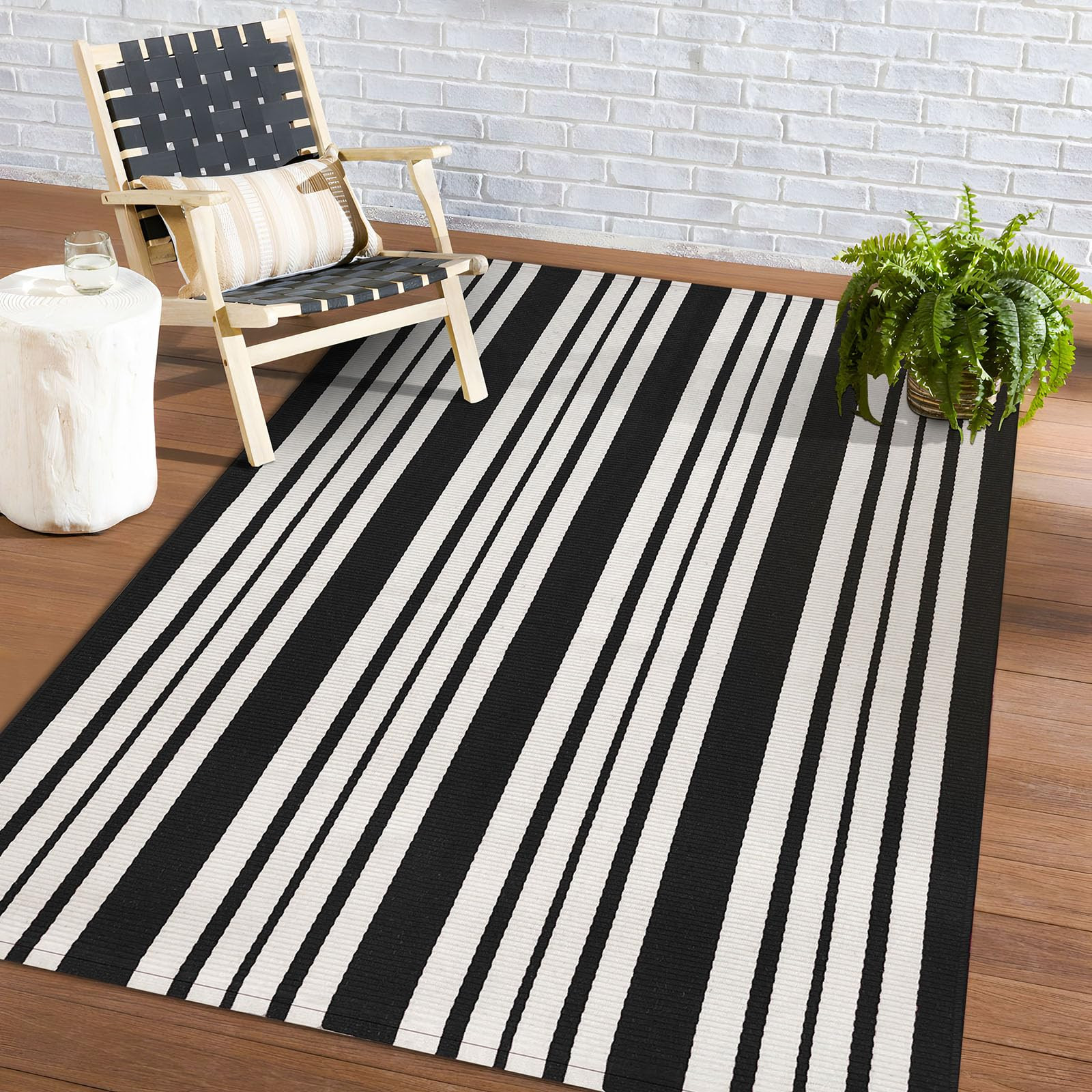 KOZYFLY Black and White Striped Outdoor Rug 4x6 Ft Area Rug Washable Indoor Outdoor Rug Hand Woven Cotton Door Mat Outdoor Carpet for Front Door Entryway Patio Porch Living Room | Amazon (US)