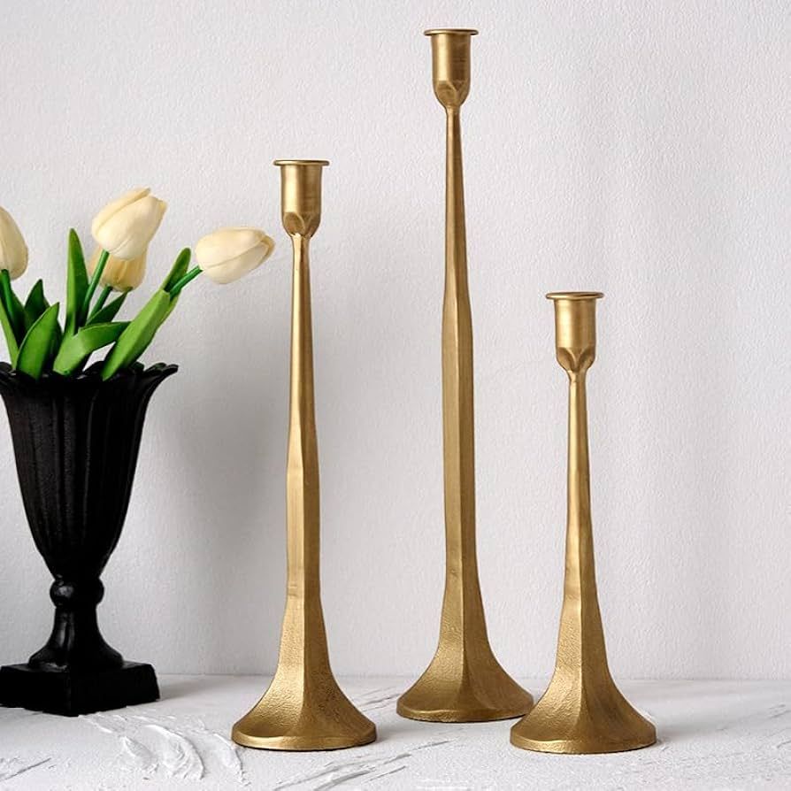 Denique Iron Taper Candle Holder Set of 3, Gold Candlestick Holders Decorative Candle Stand, Tape... | Amazon (US)