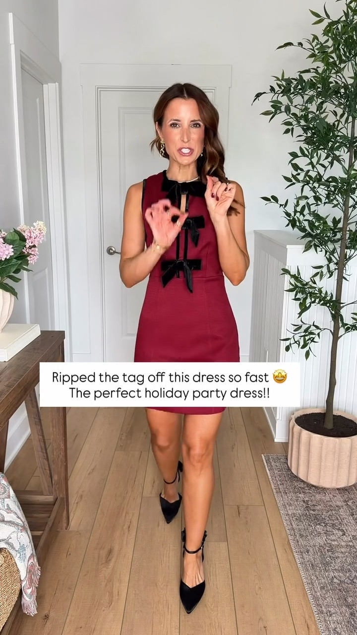 Wearing XXS in bow dress. Holiday party outfits. Christmas party outfits. Party dresses. Christmas dresses. Holiday dresses. Bow dresses. Bow heels are TTS.

#LTKWedding #LTKTravel #LTKPetite