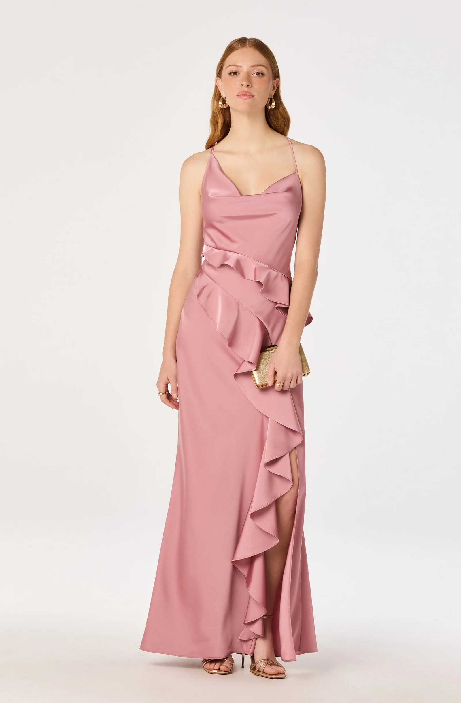 Adelina Satin Ruffle Maxi Dress - Dusty pink / XS | ASTR The Label (US)