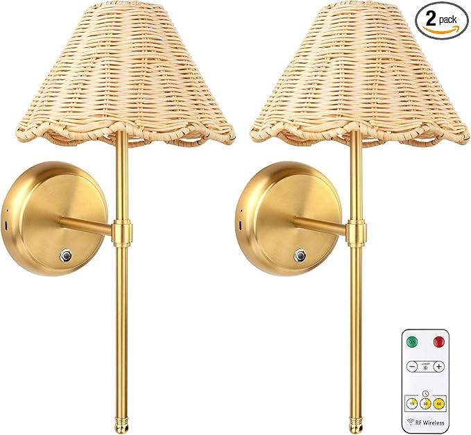 Battery Operated Boho Rattan Wall Sconce Set of 2, Stepless Dimming Magnetic Wall Lamp, 5200mAh R... | Amazon (US)