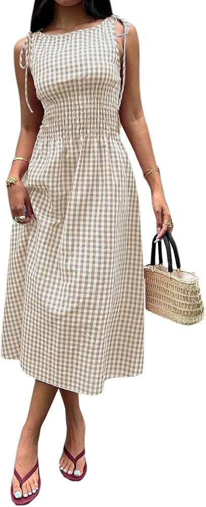 Acelitt Summer Maxi Dresses for Women 2026 Smocked Waist Gingham Dress Flowy A Line Beach Long Su... | Amazon (US)